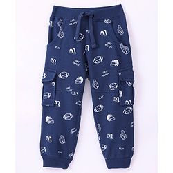 Babyhug Cotton Knit Full Length Lounge Pant Rugby Print - Navy Blue