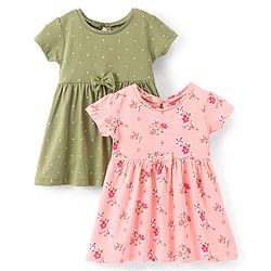 Babyhug 100% Cotton Knit Half Sleeves Floral Printed Dress Pack of 2 - Green & Pink