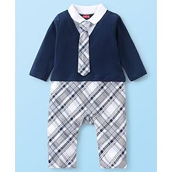 Babyhug Cotton Knit  Full Sleeves Checked Party Romper - Navy Blue