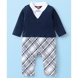 Babyhug Cotton Knit  Full Sleeves Checked Party Romper - Navy Blue