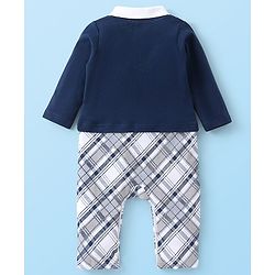 Babyhug Cotton Knit  Full Sleeves Checked Party Romper - Navy Blue