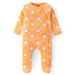 Babyhug Single Jersey Full Sleeves Footed Sleep Suit Kitty Print - Yellow