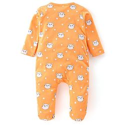 Babyhug Single Jersey Full Sleeves Footed Sleep Suit Kitty Print - Yellow