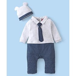 Babyhug Cotton Knit Full Sleeves Party Romper Checked Design & Tie Detailing With Cap- Grey