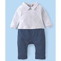Babyhug Cotton Knit Full Sleeves Party Romper Checked Design & Tie Detailing With Cap- Grey