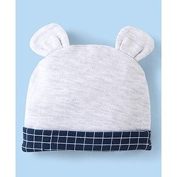 Babyhug Cotton Knit Full Sleeves Party Romper Checked Design & Tie Detailing With Cap- Grey