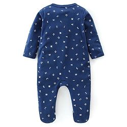 Babyhug Cotton Knit Full Sleeves Footed Sleep Suits Alphabet Print - Navy Blue