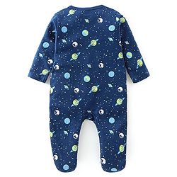 Babyhug Cotton Knit Full Sleeves Footed Sleep Suits Space Theme Print - Navy Blue