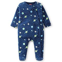 Babyhug Cotton Knit Full Sleeves Footed Sleep Suits Space Theme Print - Navy Blue