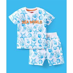 Babyhug Single Jersey Cotton Knit Half Sleeves T-Shirt & Shorts Set Sea World Print - Blue & White