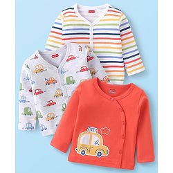 Babyhug Cotton Antibacterial Vest With Car Print Pack of 3 - Red Grey & White