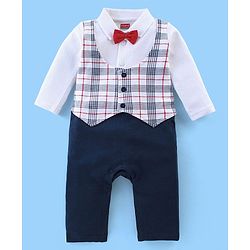 Babyhug Interlock Cotton Knit Full Sleeves Party Romper with Attached Checked Waist Coat & Bow Detailing - Navy Blue