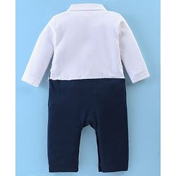Babyhug Interlock Cotton Knit Full Sleeves Party Romper with Attached Checked Waist Coat & Bow Detailing - Navy Blue