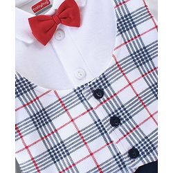 Babyhug Interlock Cotton Knit Full Sleeves Party Romper with Attached Checked Waist Coat & Bow Detailing - Navy Blue