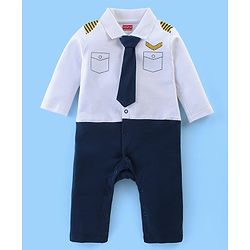 Babyhug 100% Cotton Knit Interlock Full Sleeves Romper with Tie Pocket Print - Navy Blue