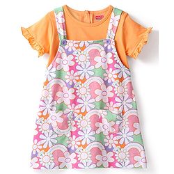 Babyhug 100% Cotton Knit Floral Print Frock with Short Sleeves Inner Tee - Multicolor