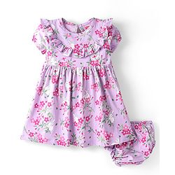 Babyhug Cotton Knit Half Sleeves Floral Print Frock with Frill Detailing & Bloomer - Lilac