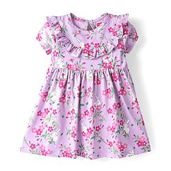 Babyhug Cotton Knit Half Sleeves Floral Print Frock with Frill Detailing & Bloomer - Lilac