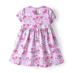 Babyhug Cotton Knit Half Sleeves Floral Print Frock with Frill Detailing & Bloomer - Lilac