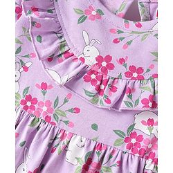 Babyhug Cotton Knit Half Sleeves Floral Print Frock with Frill Detailing & Bloomer - Lilac