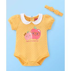 Babyhug 100% Cotton Half Sleeves Onesies With Hairband & Fruit Print - Yellow