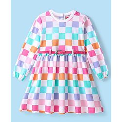 Babyhug 100% Cotton Full Sleeves Checked Light Weight Winter Dress with Belt - White