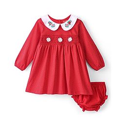 Babyhug Cotton Knit Full Sleeves Frock with Bloomer & Floral Embroidery  - Red