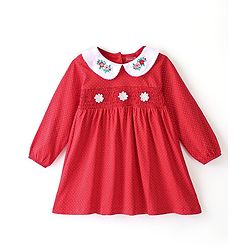 Babyhug Cotton Knit Full Sleeves Frock with Bloomer & Floral Embroidery  - Red