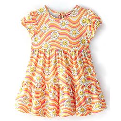 Babyhug 100% Cotton Knit Half Sleeves Frock Stripes & Floral Print - White