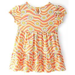 Babyhug 100% Cotton Knit Half Sleeves Frock Stripes & Floral Print - White
