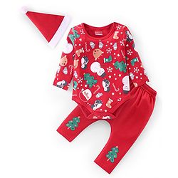Babyhug 100% Cotton Knit Full Sleeves Christmas Theme Print Onesie with Legging & Cap - Red