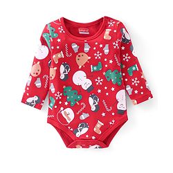 Babyhug 100% Cotton Knit Full Sleeves Christmas Theme Print Onesie with Legging & Cap - Red