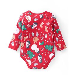 Babyhug 100% Cotton Knit Full Sleeves Christmas Theme Print Onesie with Legging & Cap - Red