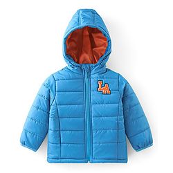 Babyhug Full Sleeves Hooded Jacket with Text Patch - Blue