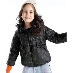 Babyhug Woven Full Sleeves Jacket With Hood & Bow Applique - Black