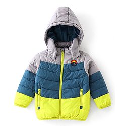 Babyhug Woven Full Sleeves Hooded Jacket Mountain Badge - Green & Grey