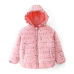 Babyhug Woven Full Sleeves Hooded Jacket Heart Print - Pink