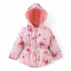 Babyhug Woven Full Sleeves Floral Printed Hooded Jacket - Pink