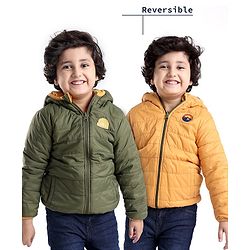 Babyhug Woven Full Sleeves Solid Hooded Reversible Jacket - Mustard Yellow