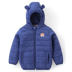 Babyhug Woven Full Sleeves Hoodie With Fox Patch - Blue