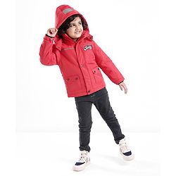 Babyhug Full Sleeves Woven Detachable Hood Jacket Text Embroidery - Red