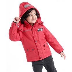 Babyhug Full Sleeves Woven Detachable Hood Jacket Text Embroidery - Red