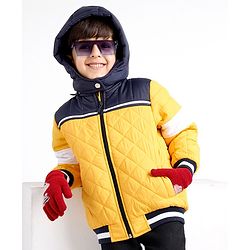 Babyhug Full Sleeves Padded Winter Jacket With Hood & Color Block Design - Yellow & Navy
