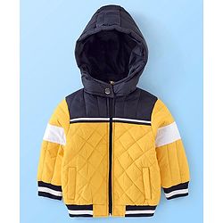 Babyhug Full Sleeves Padded Winter Jacket With Hood & Color Block Design - Yellow & Navy
