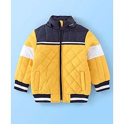Babyhug Full Sleeves Padded Winter Jacket With Hood & Color Block Design - Yellow & Navy