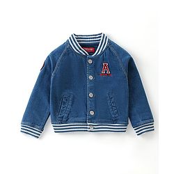 Babyhug 100% Cotton Full Sleeves  Denim Jackets With Pockets & Text Embroidered - Blue
