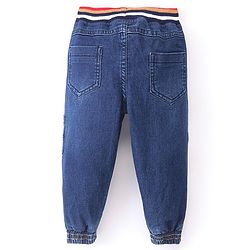 Babyhug Denim Full Length Washed Jogger With Stretch & Tiger Patch - Blue