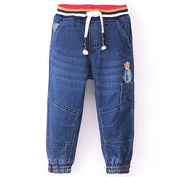 Babyhug Denim Full Length Washed Jogger With Stretch & Tiger Patch - Blue