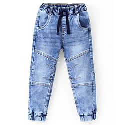 Babyhug Full Length Stretchable Washed Denim Joggers- Blue