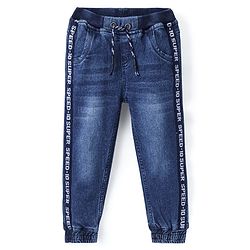 Babyhug Full Length Stretchable Washed Denim Joggers- Blue
